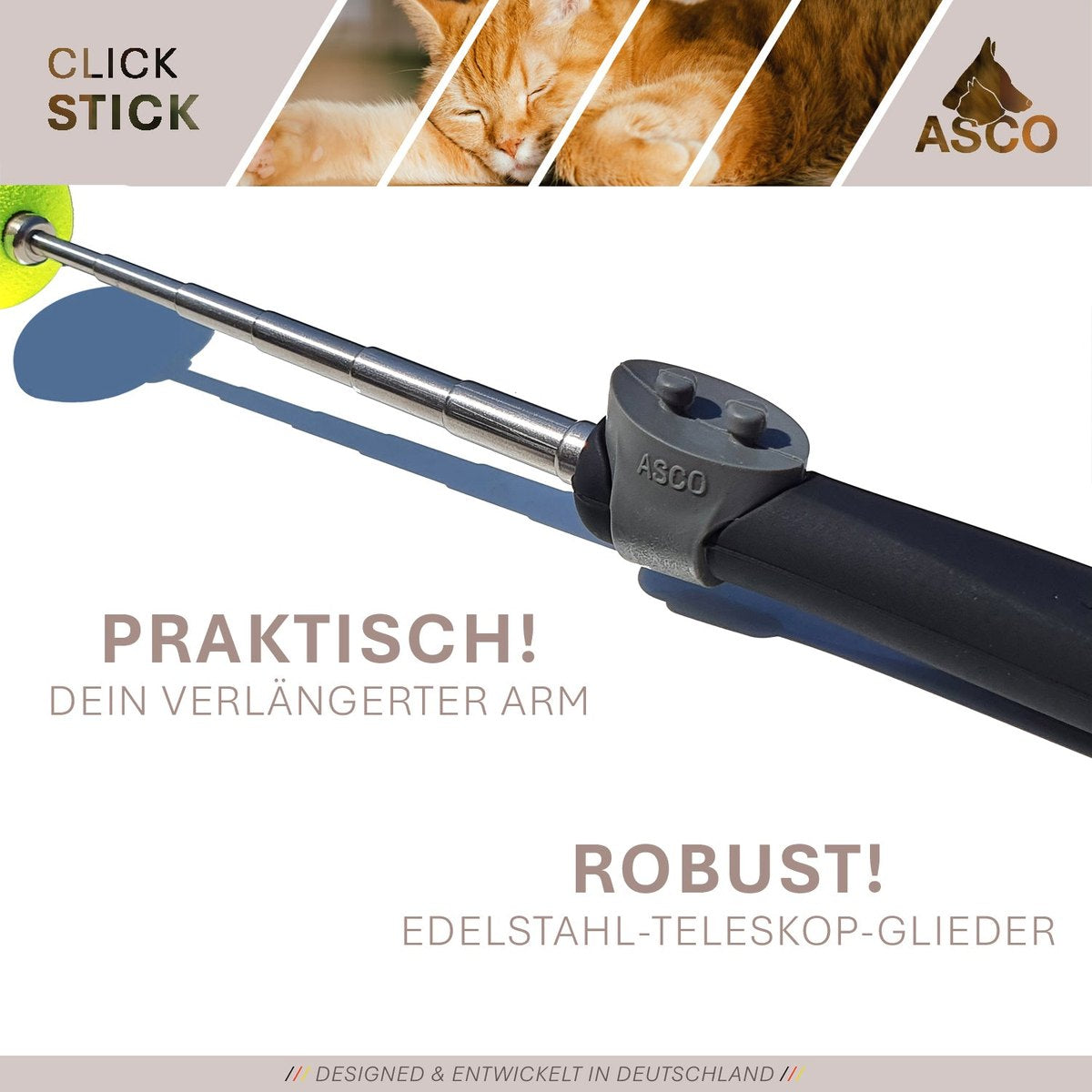 ASCO ClickStick - Target Stick mit abnehmbarem Premium Clicker - Target Stab für Hunde Katzen Clickertraining - Targetstick ausziehbar mit extra Klicker - Targetstab für Target-Training tierxxl-de