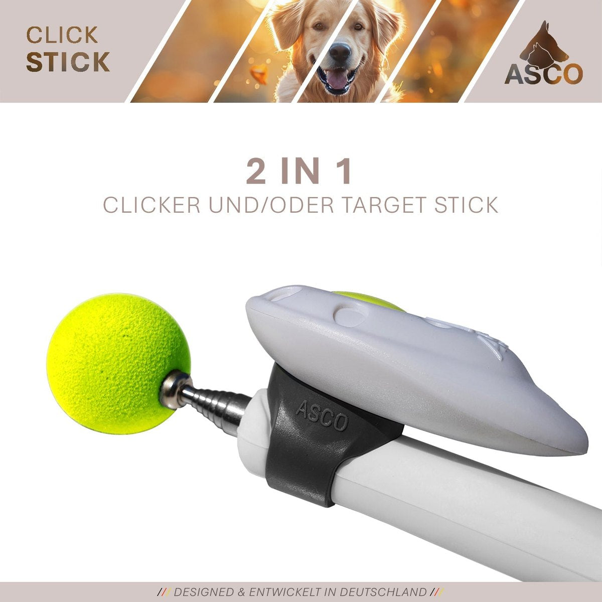ASCO ClickStick - Target Stick mit abnehmbarem Premium Clicker - Target Stab für Hunde Katzen Clickertraining - Targetstick ausziehbar mit extra Klicker - Targetstab für Target-Training tierxxl-de