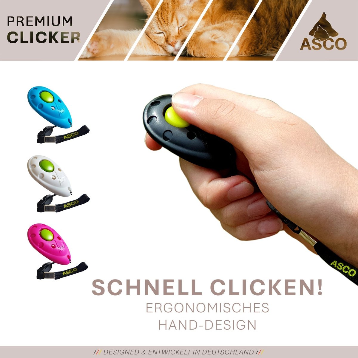 ASCO Premium Clicker – Clickertraining Profi Klicker für Hunde, Katzen, Pferde tierxxl-de