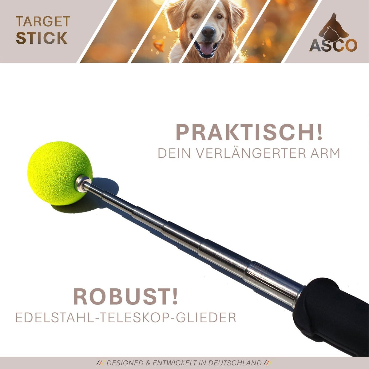 ASCO Target Stick - Target Stab für Hunde Katzen Targettraining - Targetstick ausziehbar mit Softball - Edelstahl Targetstab mit Teleskopfunktion tierxxl-de